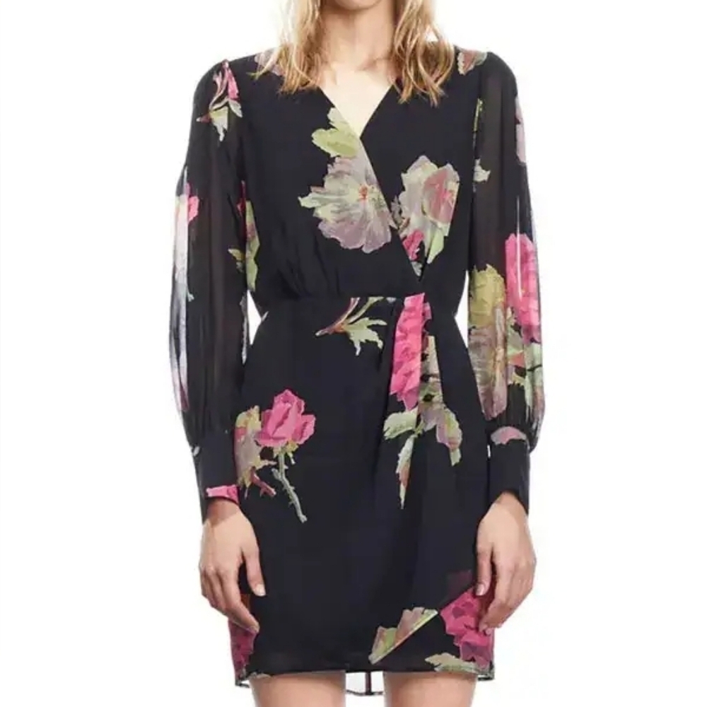 The Kooples NWT Rose Surplice Neck Long Sleeve Mesh Floral Mini Dress 3EU, 8US